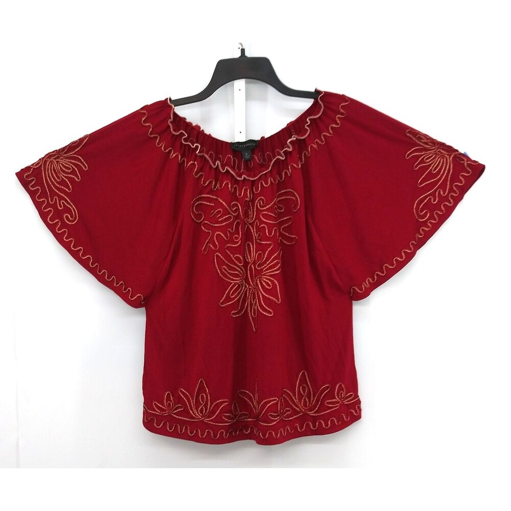 Investments Blouse Women Size L Cranberry Red Flared Sleeve Ruffles Boat Neck